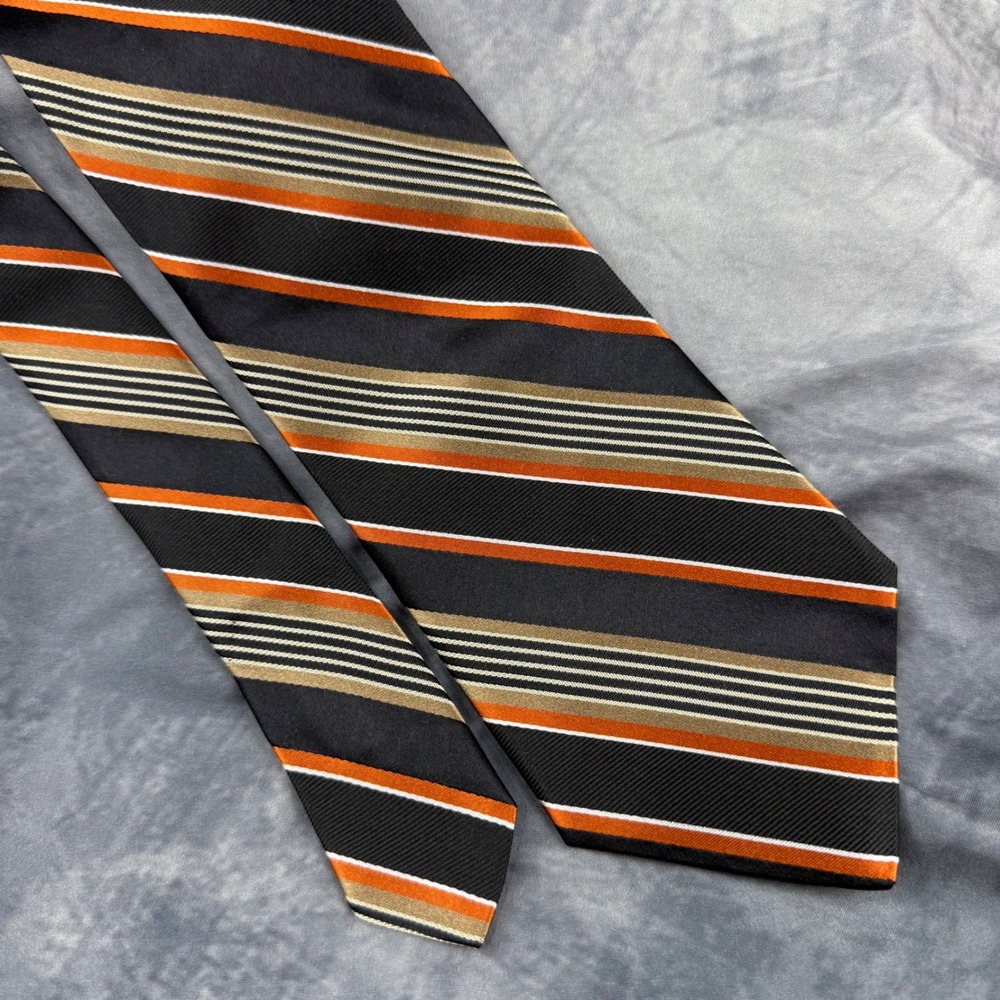 Hart Schaffner Marx Mens Striped Silk Tie Black Orange Tan Made in USA